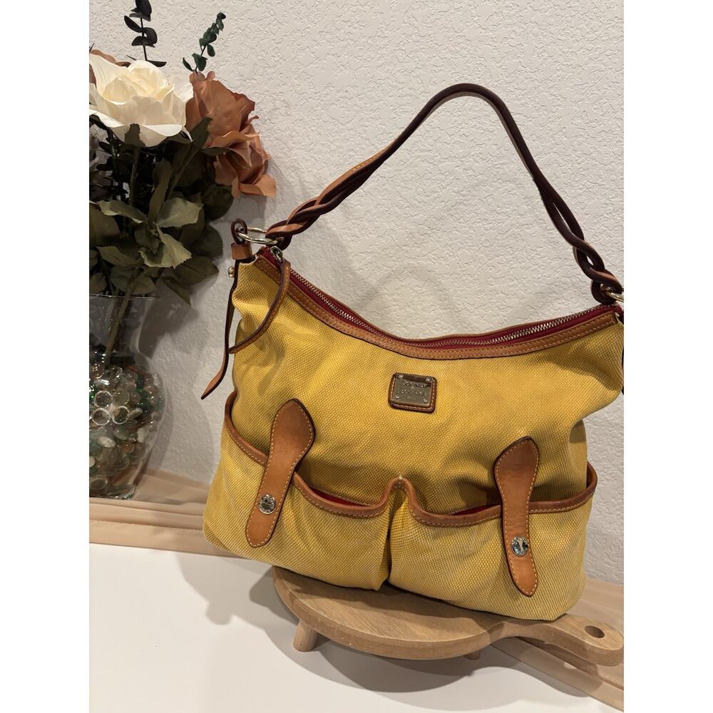 Dooney & Bourke Yellow Canvas Shoulder Hobo Bag Tan Leather Red Lining Vintage